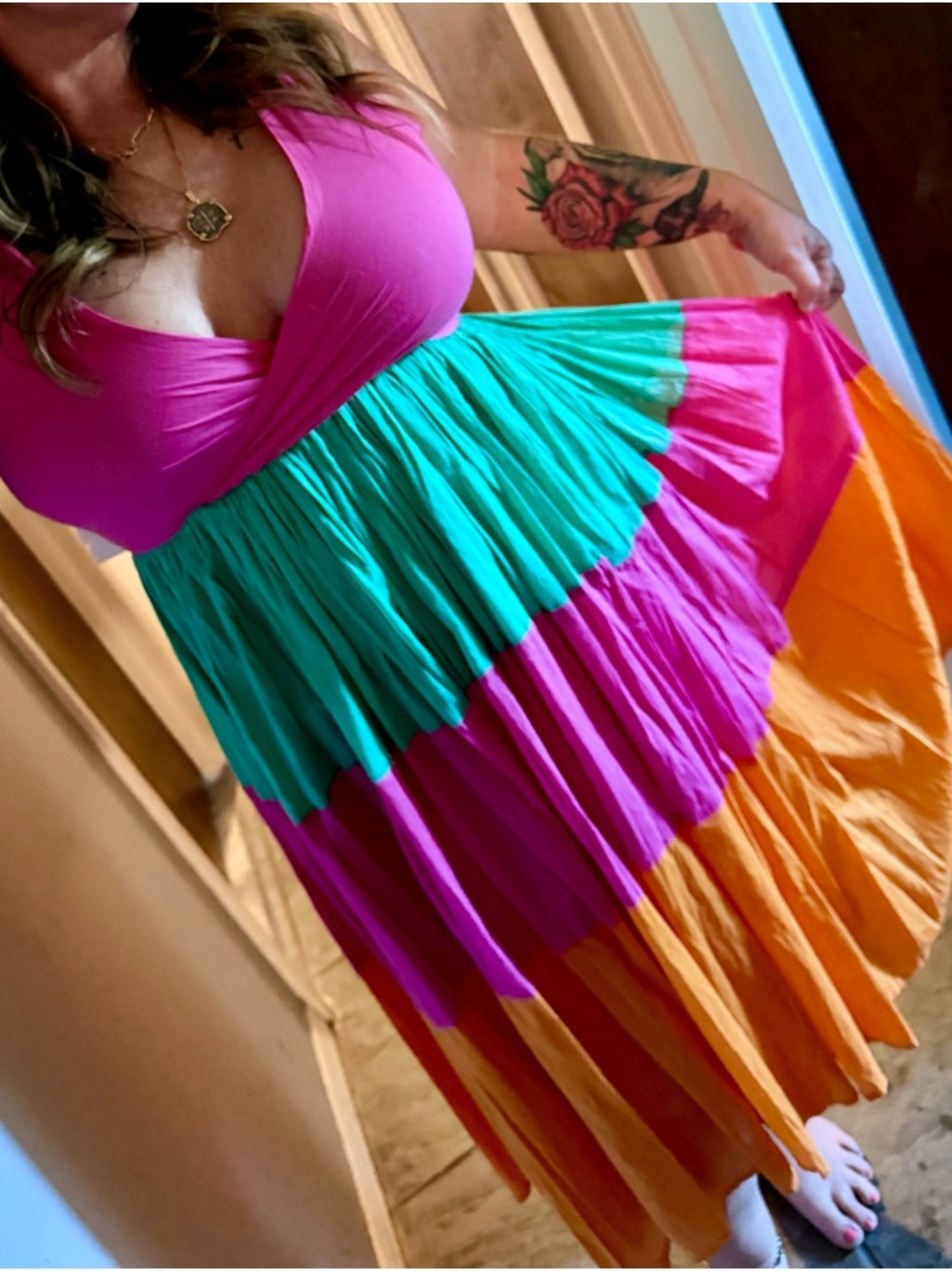 MIRA Colorblock Tiered Maxi Dress in Pink, Green & Orange